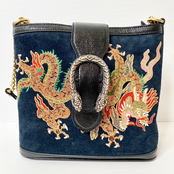 Auth Gucci Suede Dragon Embroidered Bucket Bag - Picture 4 of 16
